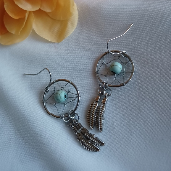 Dream Catcher Earrings w/ Marbled Beads - Picture 1 of 6